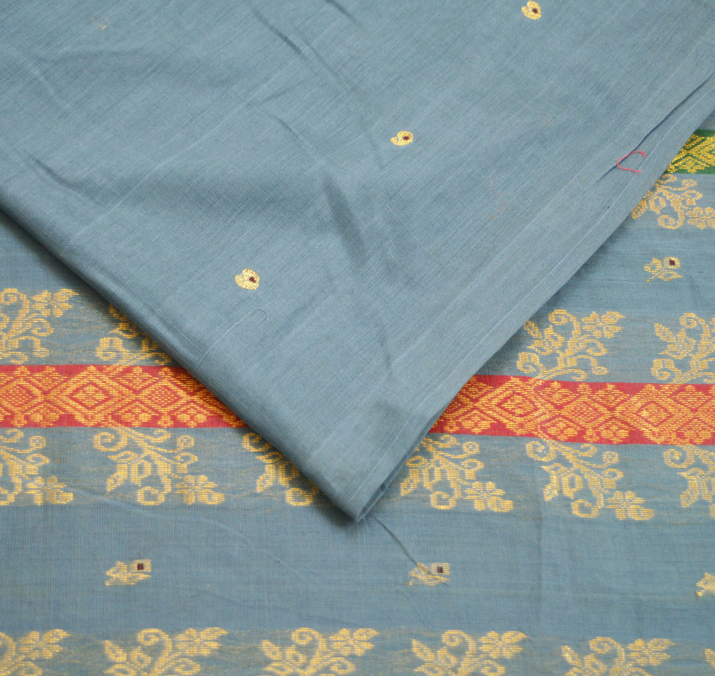 Vintage greyish Sari Blue Pure Cotton Hand Woven Saree Golden Zari 5Yard Soft Floral Golden Zari