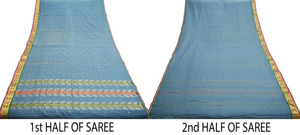 Vintage greyish Sari Blue Pure Cotton Hand Woven Saree Golden Zari 5Yard Soft Floral Golden Zari
