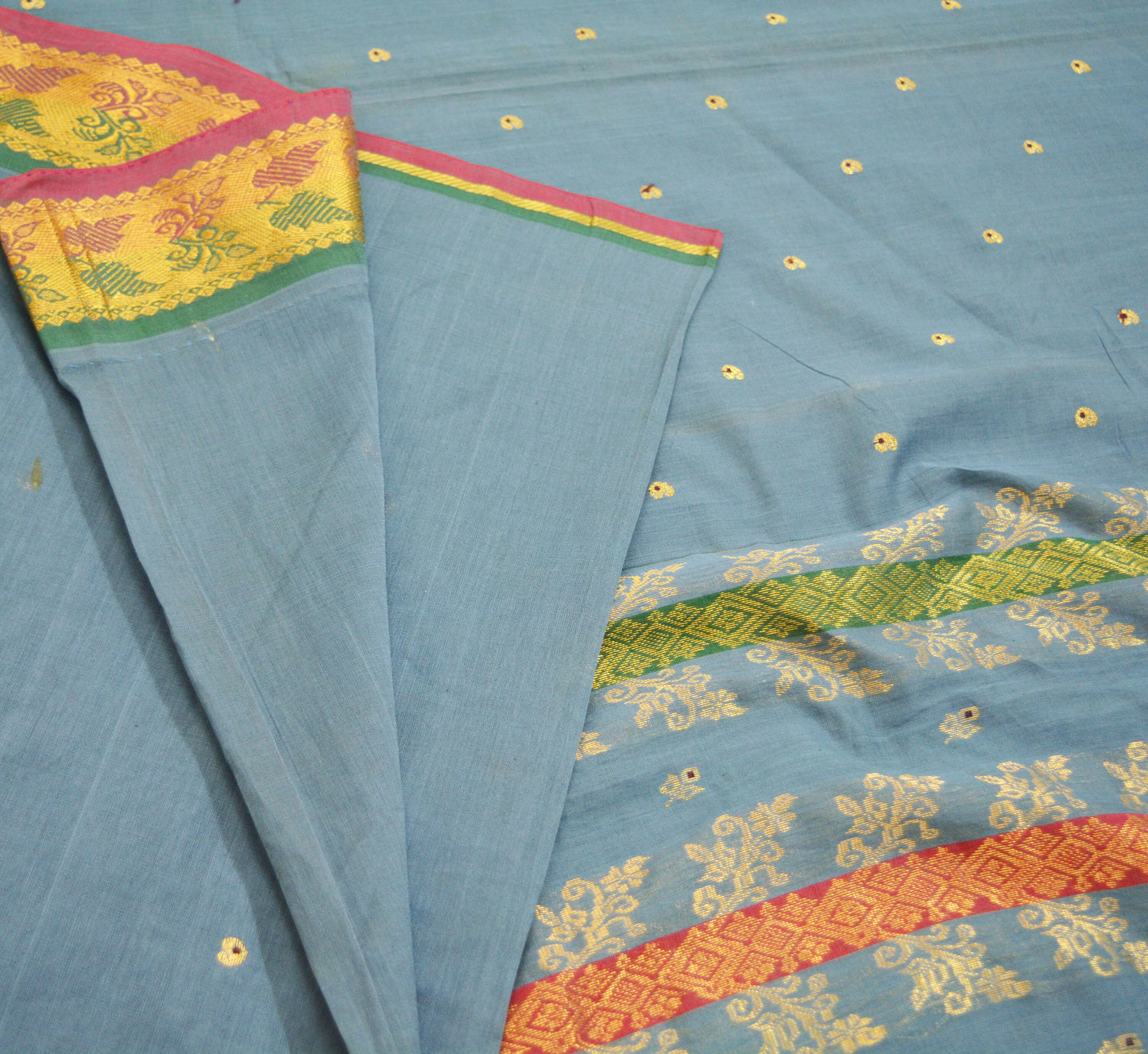 Vintage greyish Sari Blue Pure Cotton Hand Woven Saree Golden Zari 5Yard Soft Floral Golden Zari