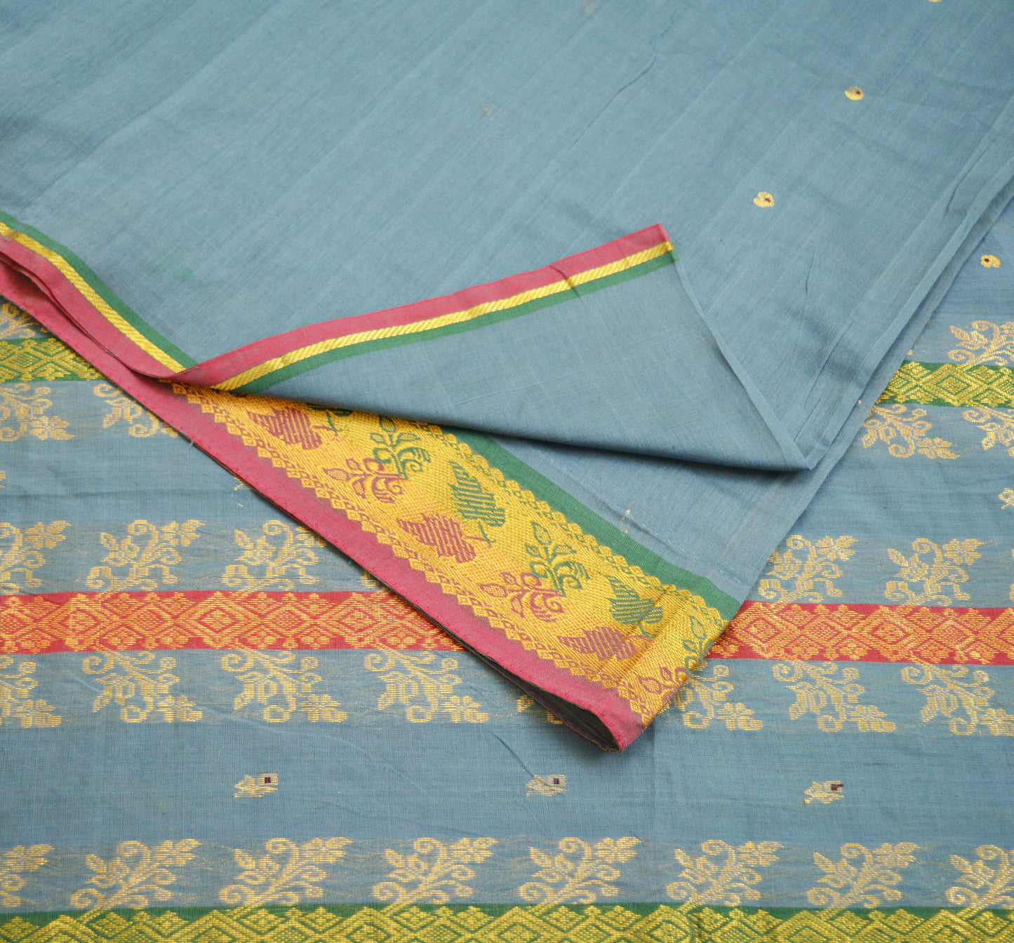 Vintage greyish Sari Blue Pure Cotton Hand Woven Saree Golden Zari 5Yard Soft Floral Golden Zari