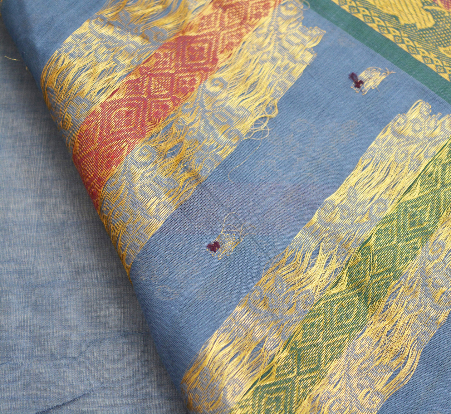 Vintage greyish Sari Blue Pure Cotton Hand Woven Saree Golden Zari 5Yard Soft Floral Golden Zari