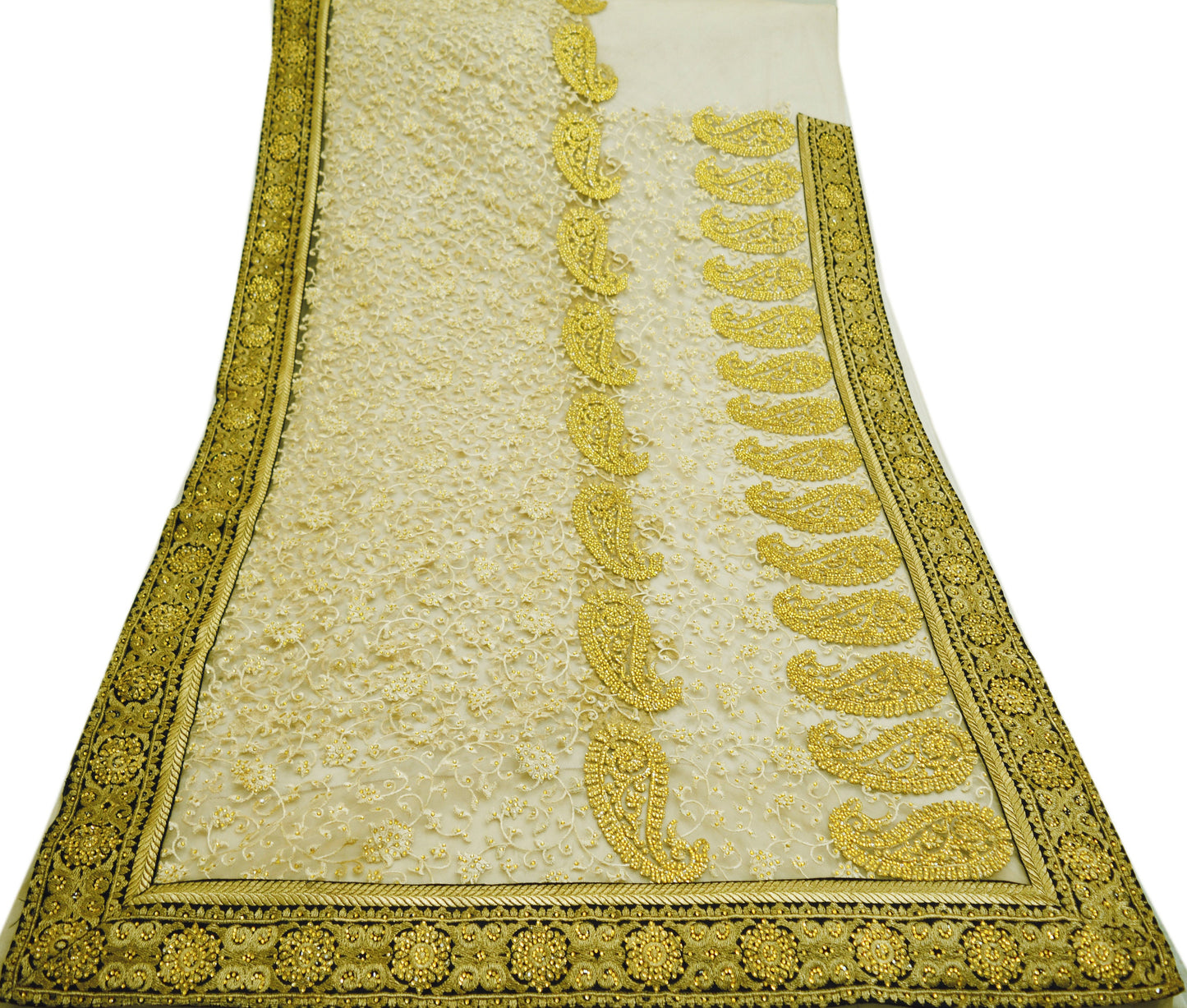 Indian Vintage Beige Wedding Saree Net/Mesh Embroidered Indian Sari Fabric Floral 5Yard Lace Soft Dressmaking