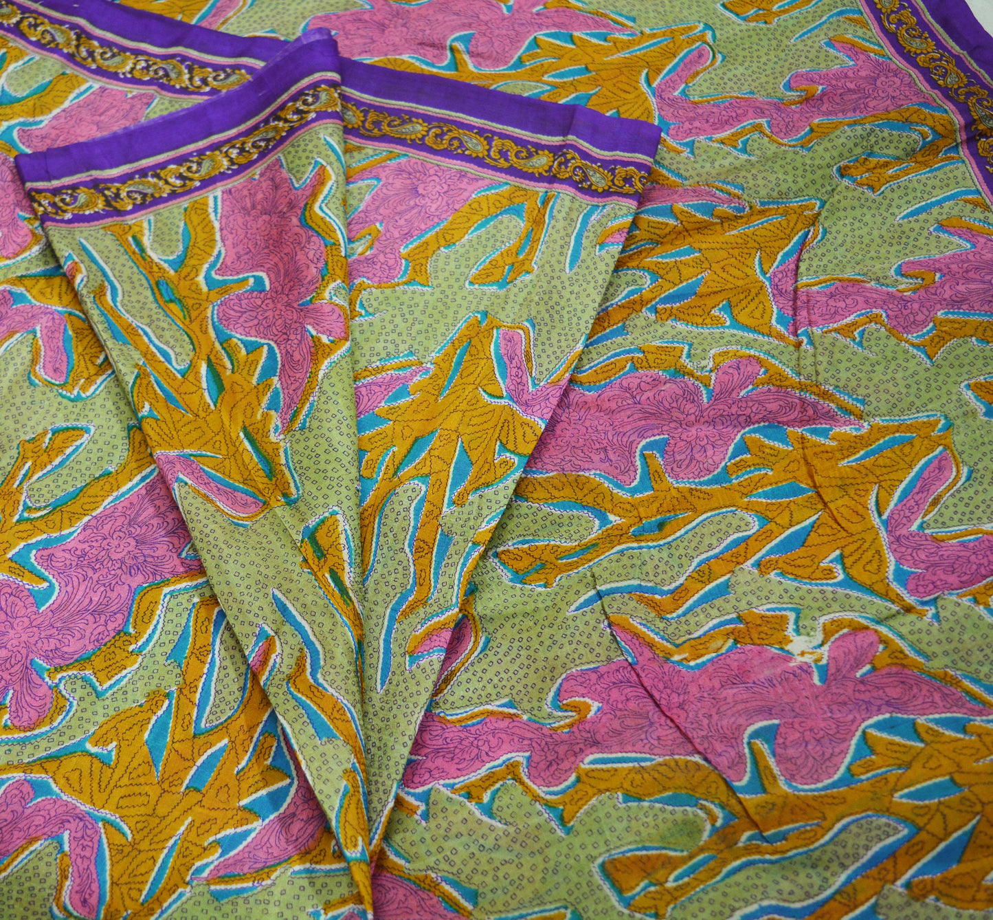 Indian Vintage Sari Pink & Green Pure Silk Printed Saree 5yd Sewing Craft Fabric Dress Making Soft Abstract Ethnic