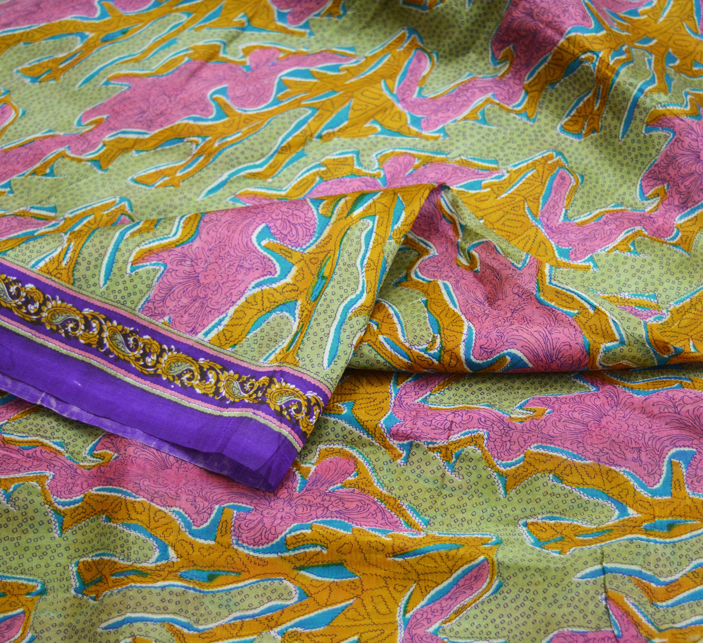 Indian Vintage Sari Pink & Green Pure Silk Printed Saree 5yd Sewing Craft Fabric Dress Making Soft Abstract Ethnic