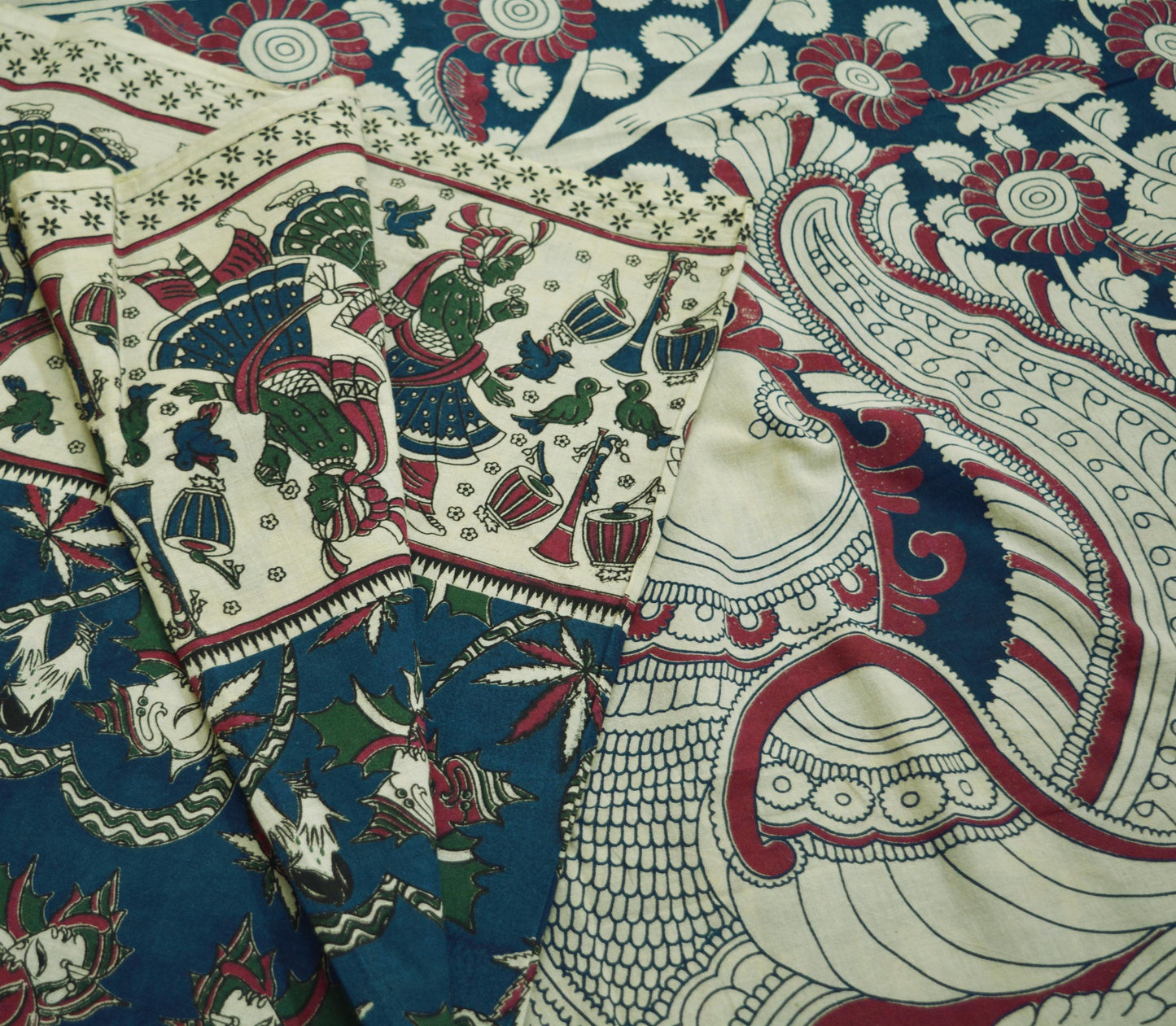 Indian Vintage Sari Blue Kalamkari Printed Pure Cotton Saree Fabric Soft Floral 5Yd Sarong Wrap Fabric Peacock