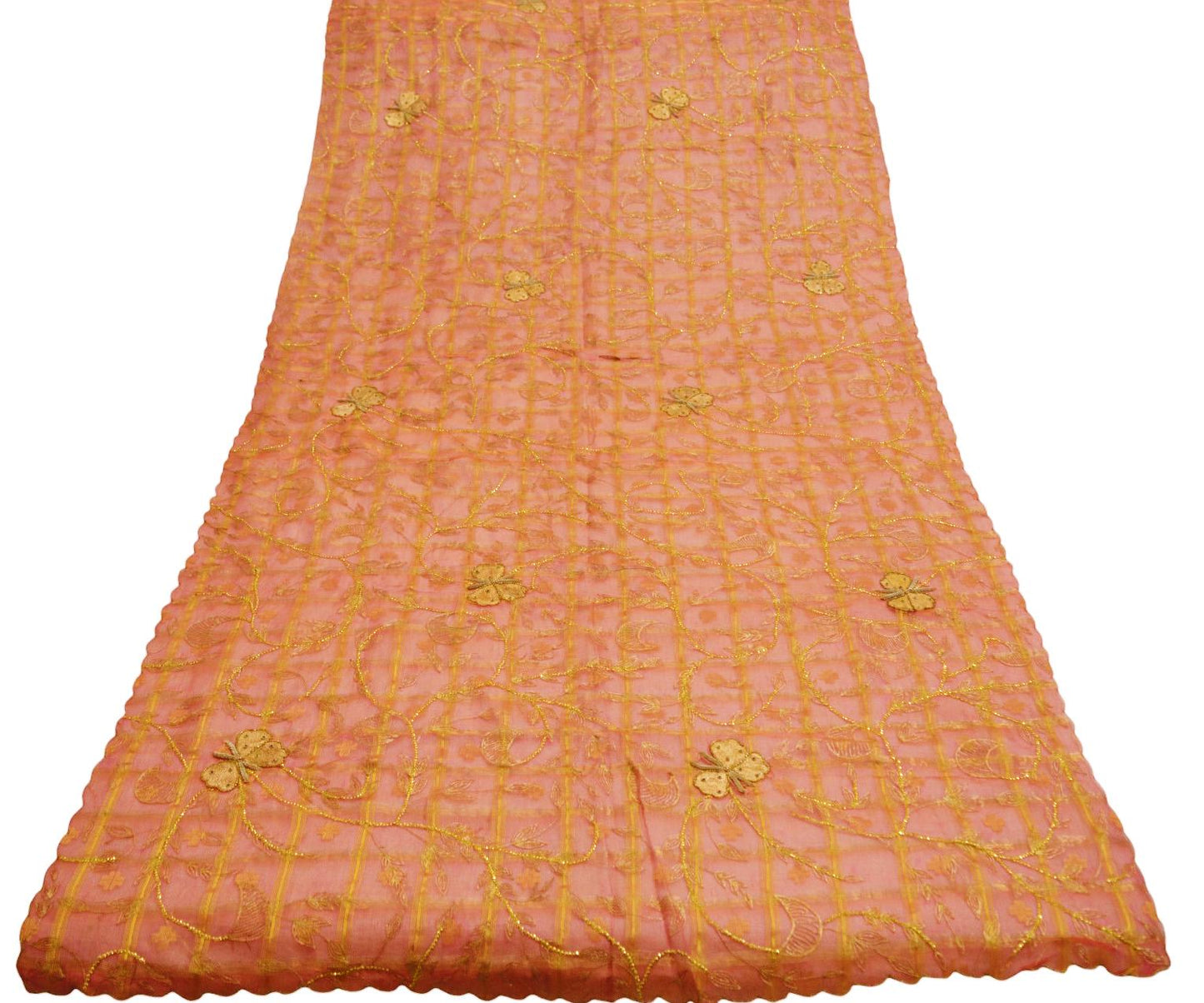 Indian Orange & Pink Organza Vintage Dupatta Long Stole Hand Embroidered Indian Scarves Veil Zari Sequins