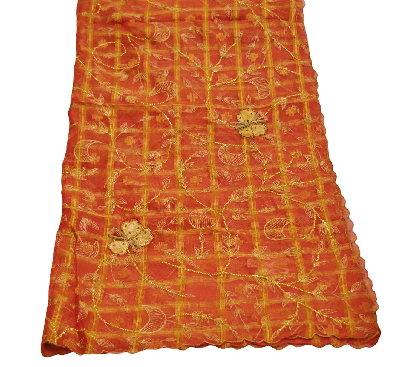 Indian Orange & Pink Organza Vintage Dupatta Long Stole Hand Embroidered Indian Scarves Veil Zari Sequins