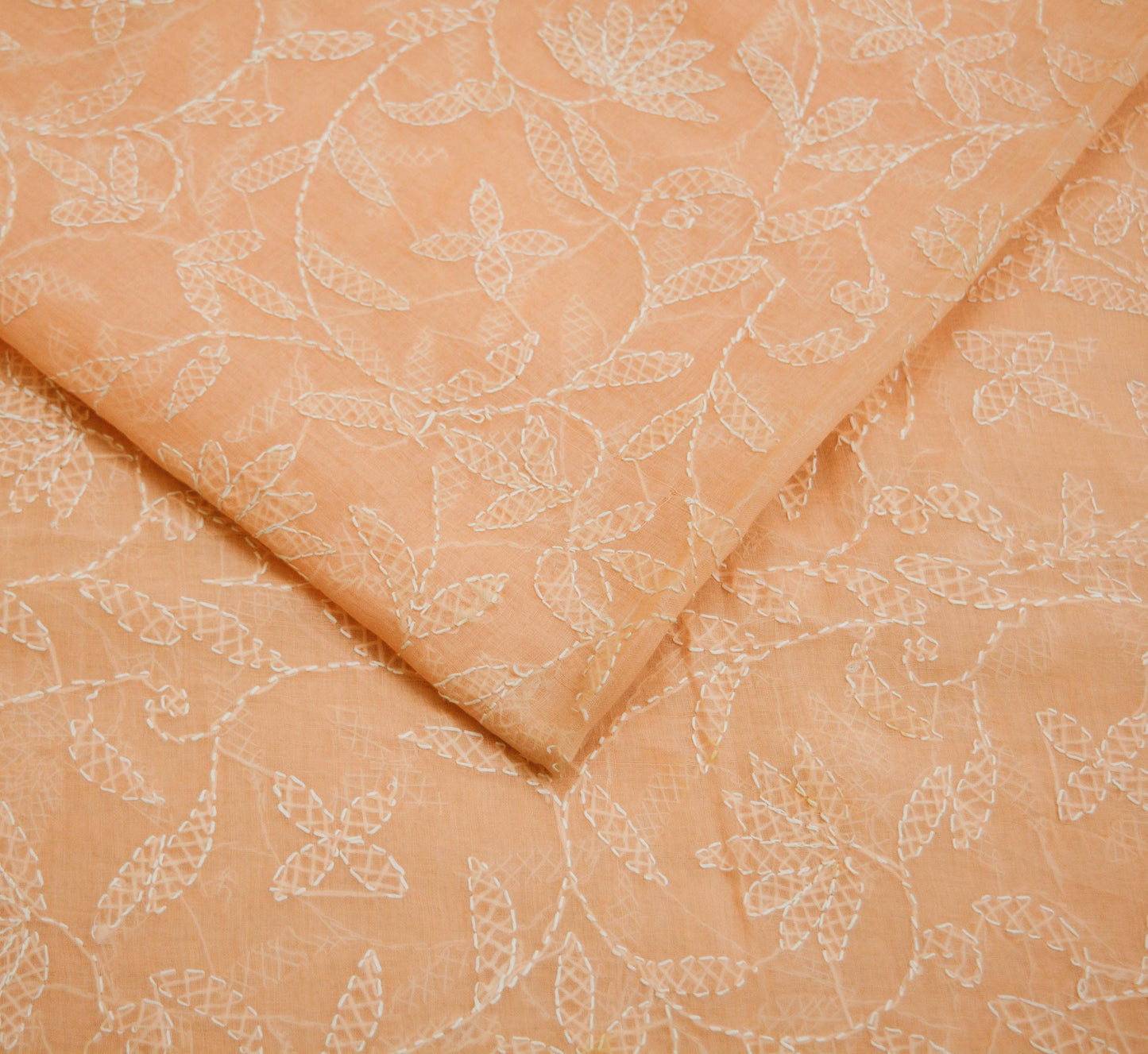 Indian Vintage Sari Cotton Peach Handmade Chikankari Saree Fabric 5Yard Sari Ethnic Floral