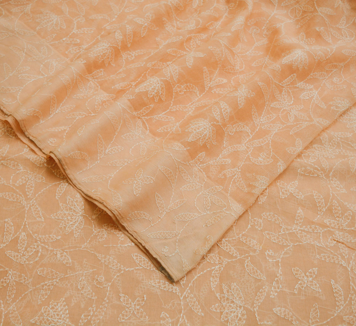Indian Vintage Sari Cotton Peach Handmade Chikankari Saree Fabric 5Yard Sari Ethnic Floral