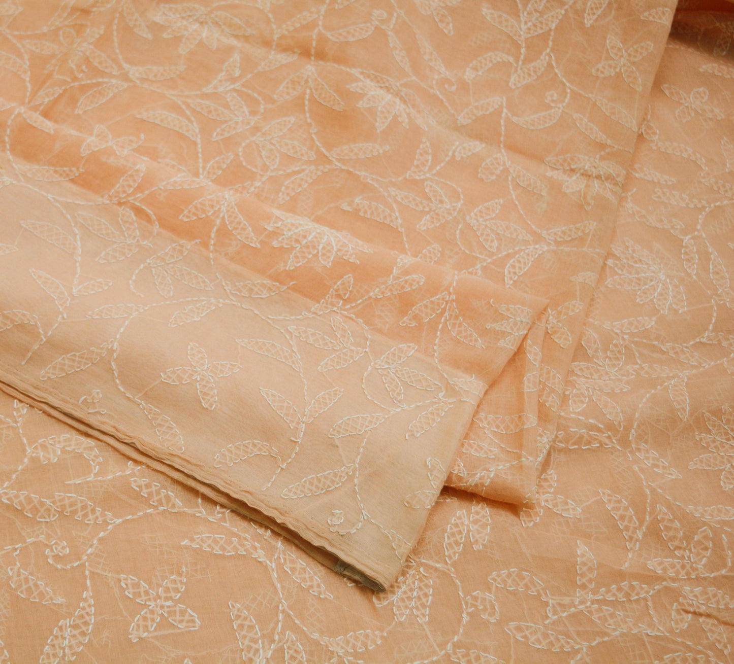 Indian Vintage Sari Cotton Peach Handmade Chikankari Saree Fabric 5Yard Sari Ethnic Floral