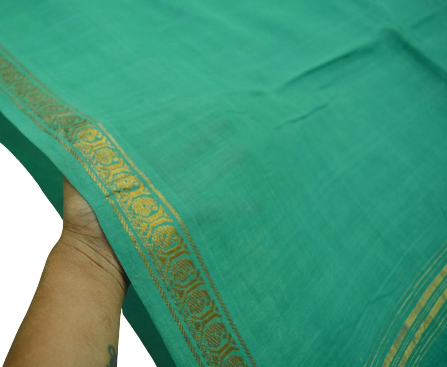 Vintage Sari Green Pure Cotton Hand Woven Saree 5Yard Soft Floral Golden Zari