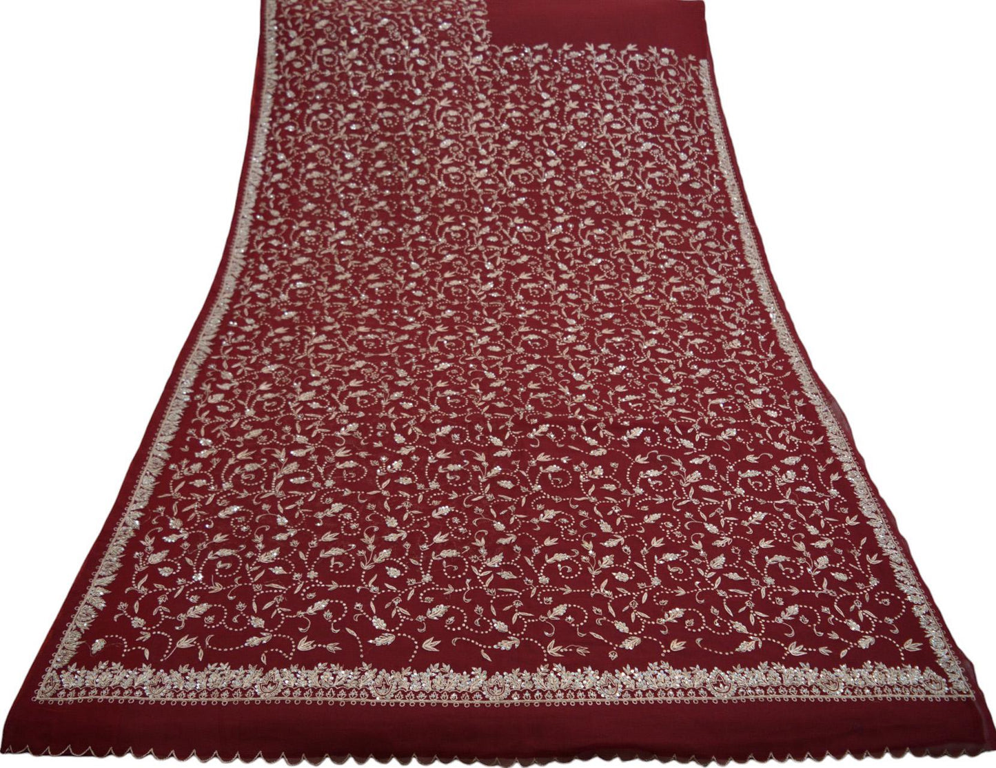 Indian Vintage Dark Red Saree Pure Georgette Silk Hand Beaded Indian Sari Fabric 5Yard Sewing Soft Ethnic Zardozi