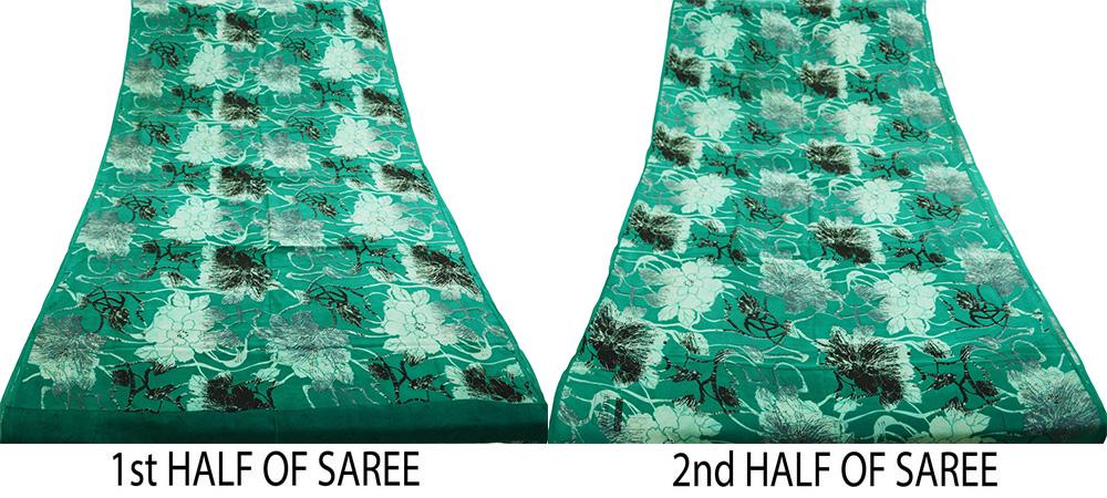 Indian Vintage Sari Green Pure Crepe Silk Printed Saree 5yard Sewing Floral Soft Craft Fabric Wrap