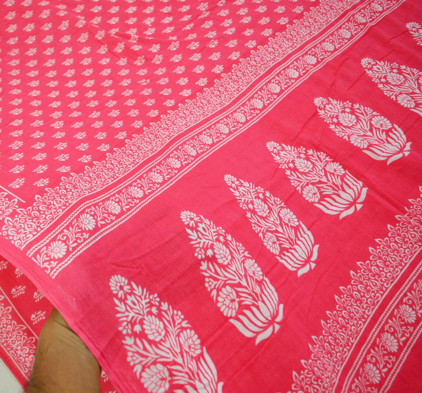 Indian Vintage Sari White & Pink Printed Pure Cotton Saree Craft Soft Fabric 5Yard Sewing Sarong Wrap Boho Floral