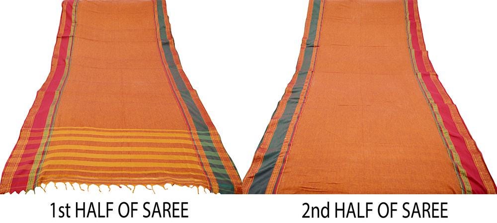 Vintage Sari Saffron Pure Cotton Hand Woven Saree Golden Zari 6Yard Soft Floral Golden Zari