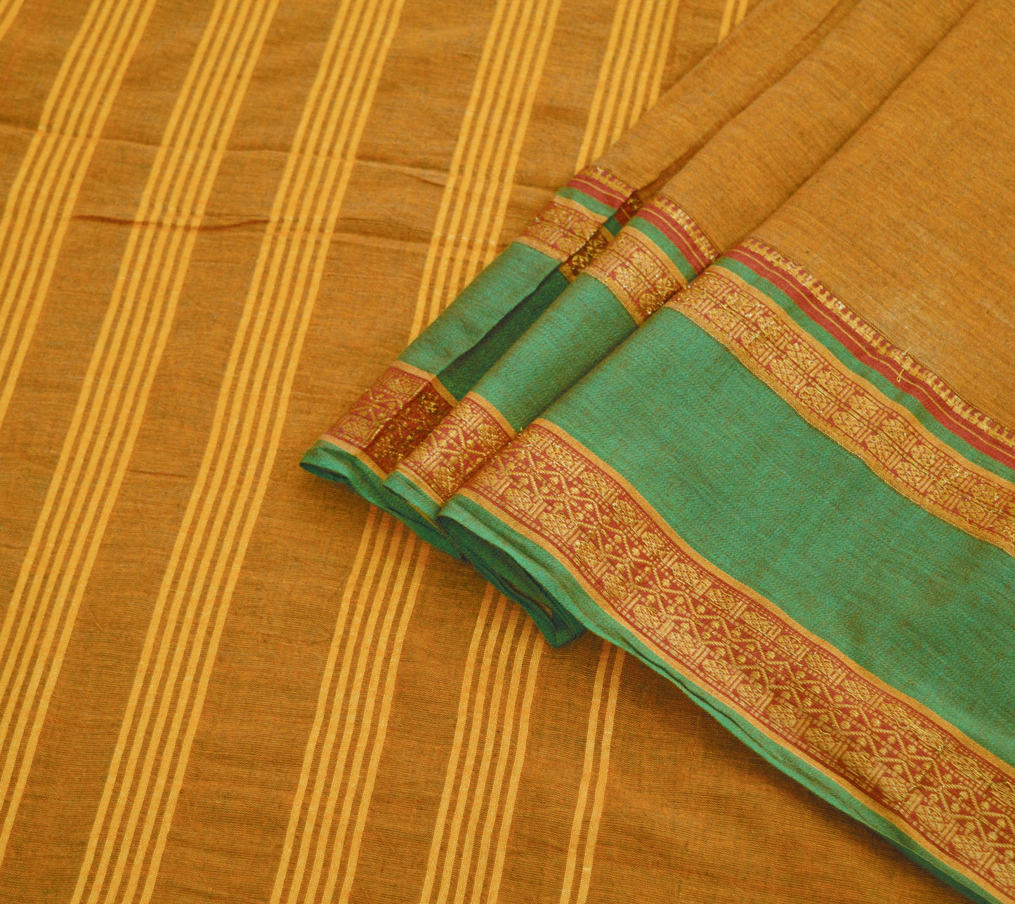 Vintage Sari Saffron Pure Cotton Hand Woven Saree Golden Zari 6Yard Soft Floral Golden Zari