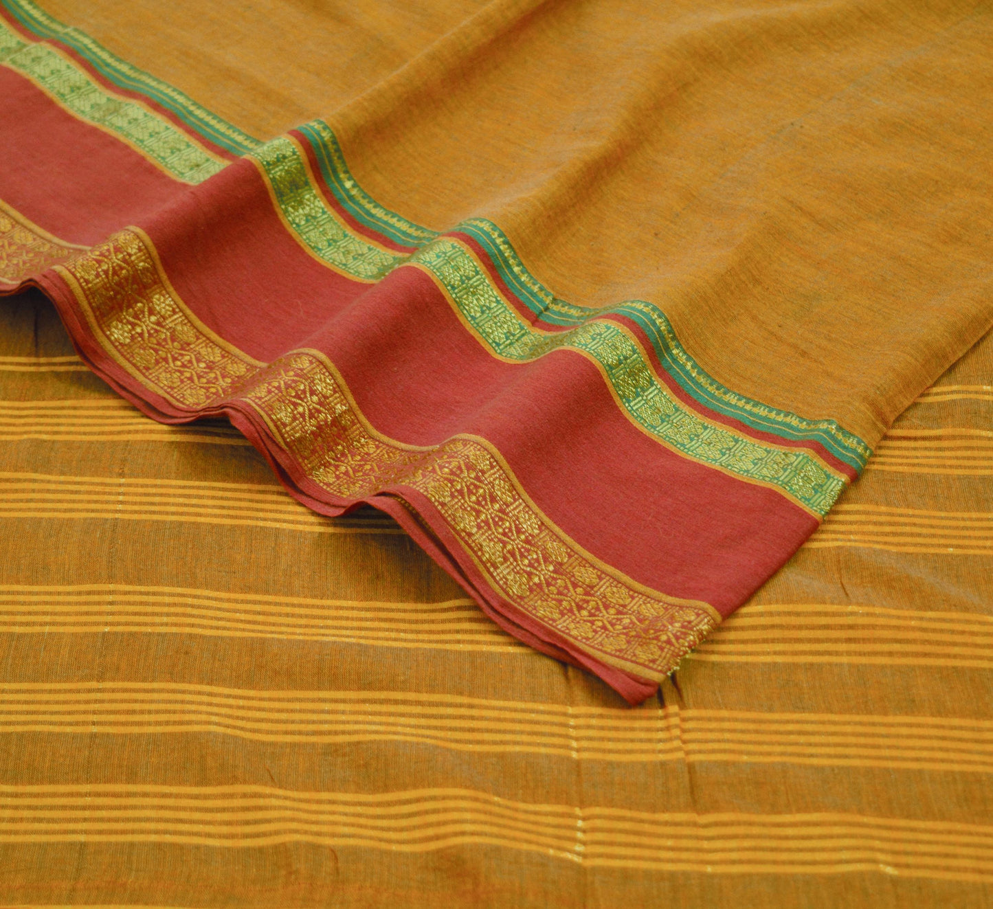 Vintage Sari Saffron Pure Cotton Hand Woven Saree Golden Zari 6Yard Soft Floral Golden Zari