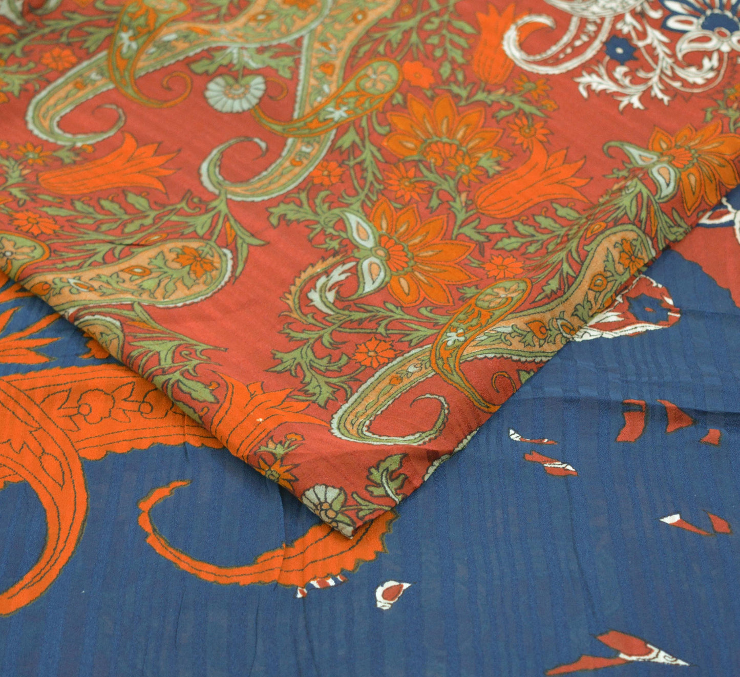 Indian Vintage Sari Saffron & Blue Pure Crepe Silk Printed Saree 5yard Sewing Soft Craft Fabric Ethnic Wrap