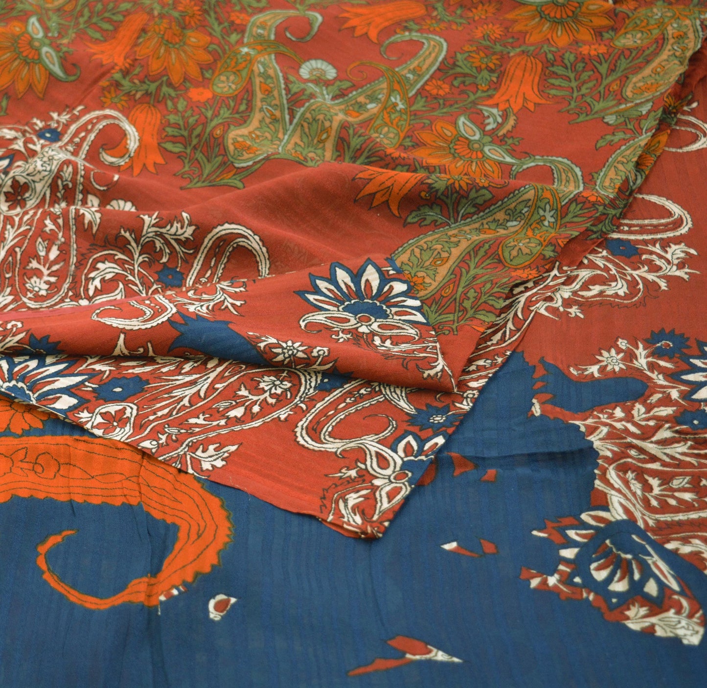 Indian Vintage Sari Saffron & Blue Pure Crepe Silk Printed Saree 5yard Sewing Soft Craft Fabric Ethnic Wrap