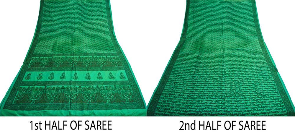 Indian Vintage Sari Green Pure Silk Printed Saree 5yard Sewing Craft Fabric DressMaking Soft