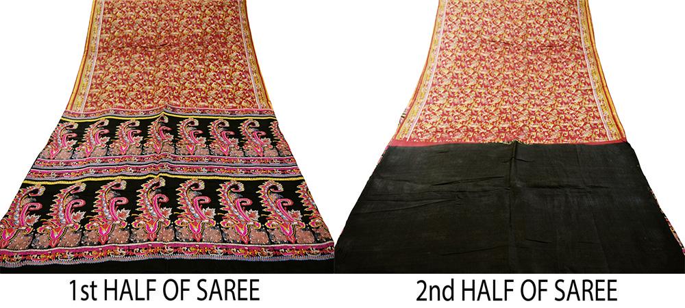 iIndian Vintage Sari Black & Maroon 100% Pure Silk Printed Saree Indian 6yd Sewing Craft Fabric DressMaking Soft Paisley