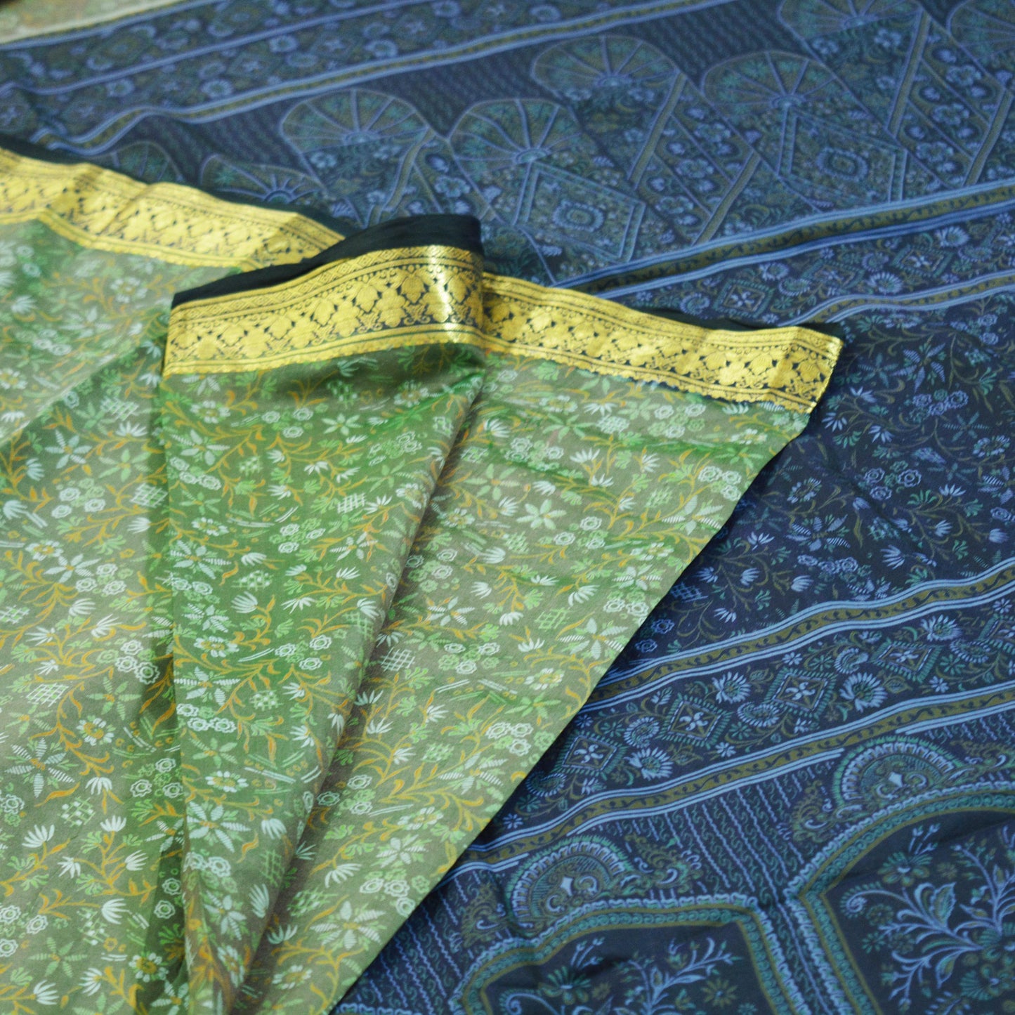 Indian Vintage Sari Green & Blue 100% Pure Silk Printed Sarees Woven Sari 5yd Sewing Craft Fabric Dress Making Soft Zari Border