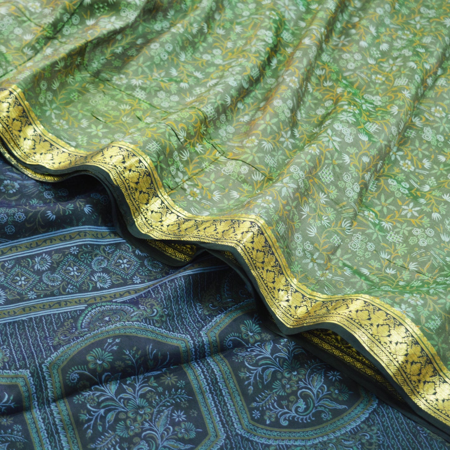 Indian Vintage Sari Green & Blue 100% Pure Silk Printed Sarees Woven Sari 5yd Sewing Craft Fabric Dress Making Soft Zari Border