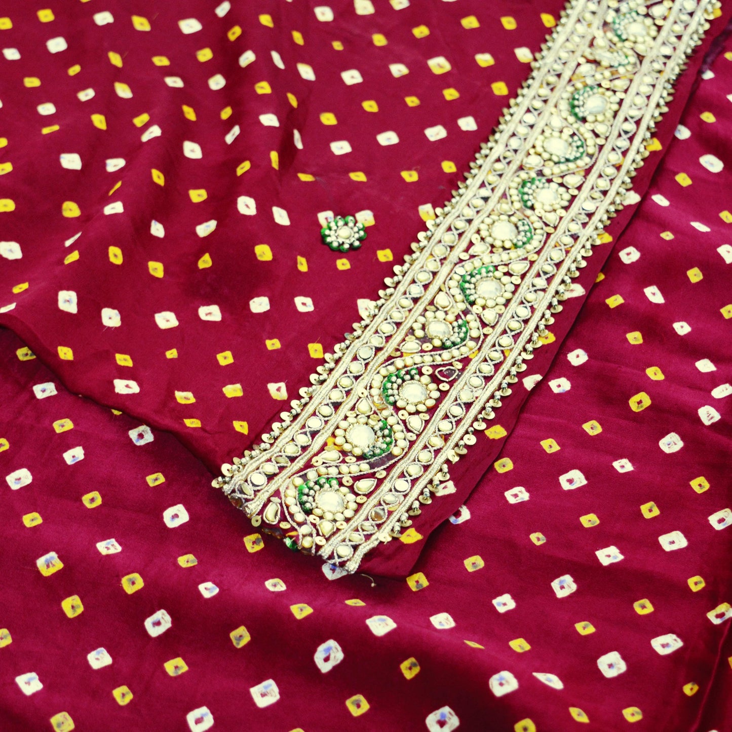 Indian Vintage Maroon Saree Hand Embroidered Bandhani Printed Sari 100% Pure Satin Silk Indian Sari Fabric 5yard Soft Craft Fabric Beaded