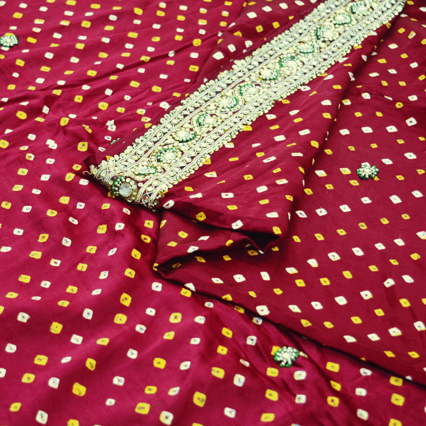 Indian Vintage Maroon Saree Hand Embroidered Bandhani Printed Sari 100% Pure Satin Silk Indian Sari Fabric 5yard Soft Craft Fabric Beaded