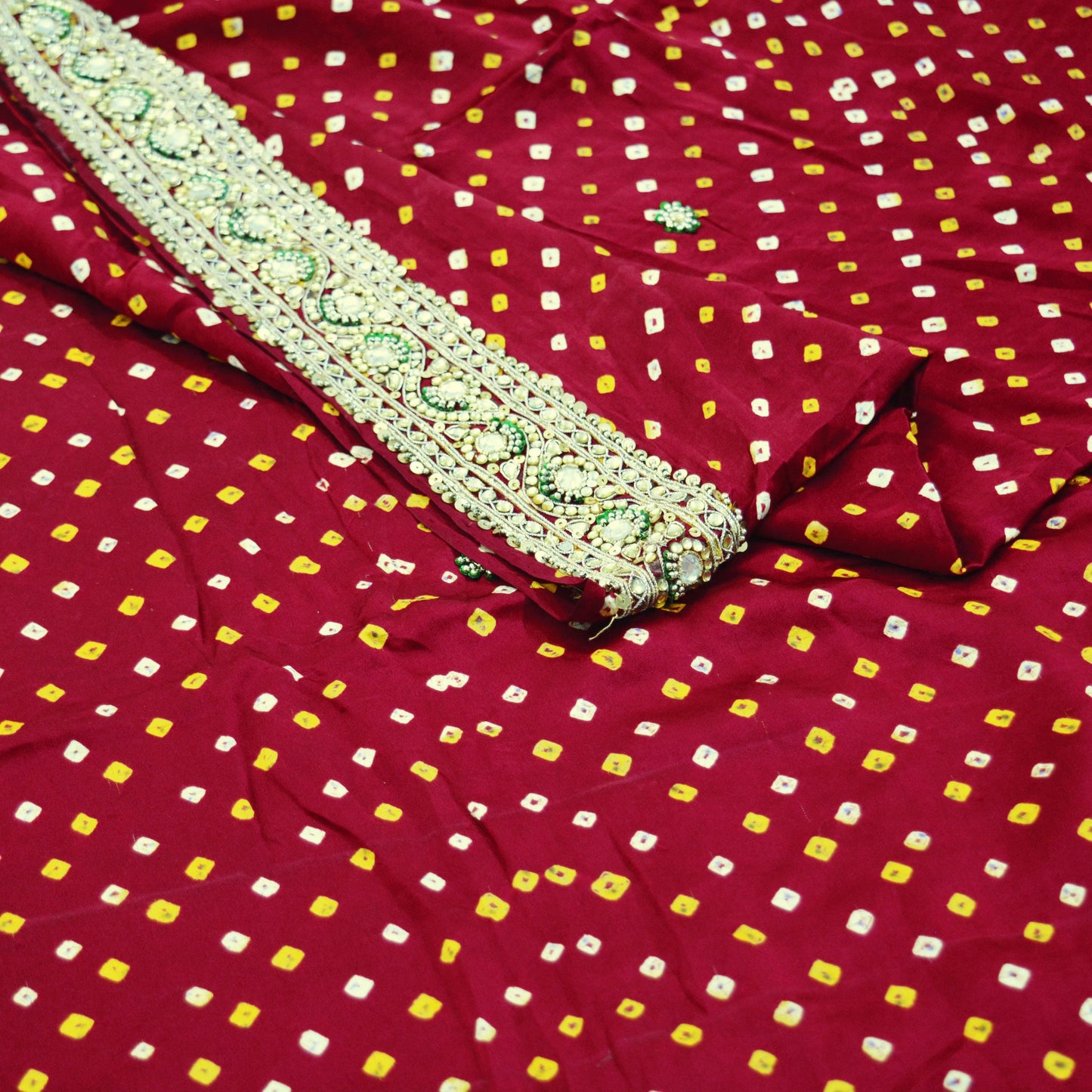 Indian Vintage Maroon Saree Hand Embroidered Bandhani Printed Sari 100% Pure Satin Silk Indian Sari Fabric 5yard Soft Craft Fabric Beaded