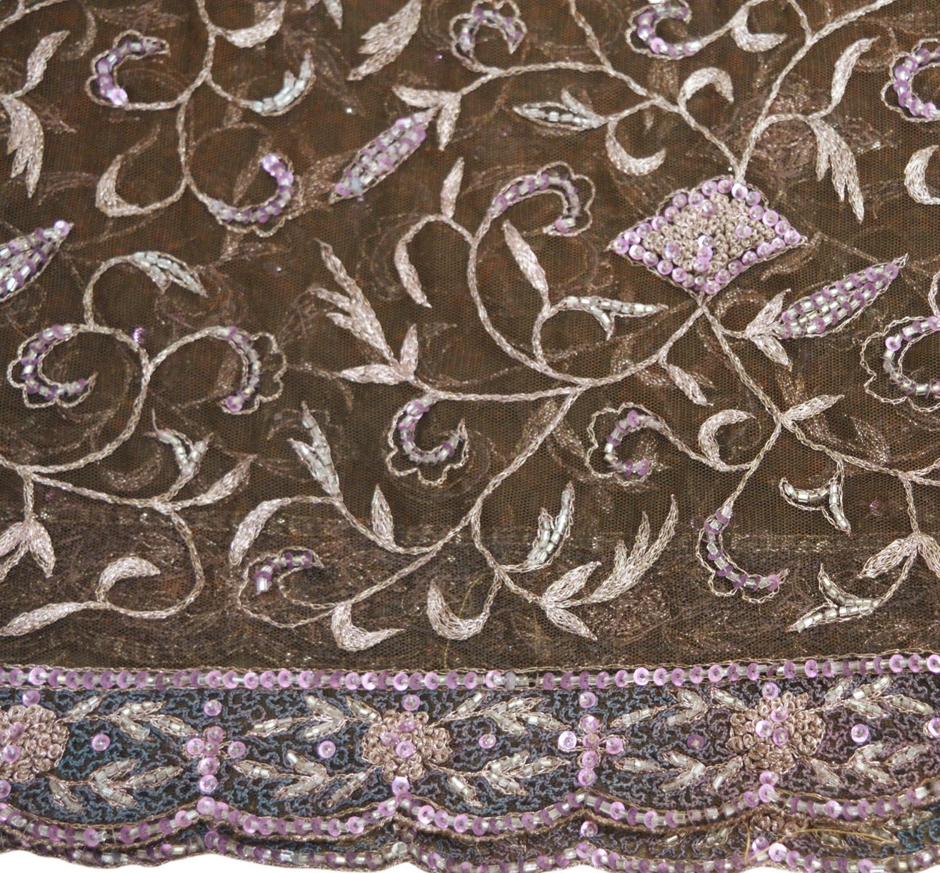 Indian Vintage Heavy Brown Dupatta Net Mesh Long Stole Hand Embroidered Scarves Golden Zardozi Dabka Zari Sequins