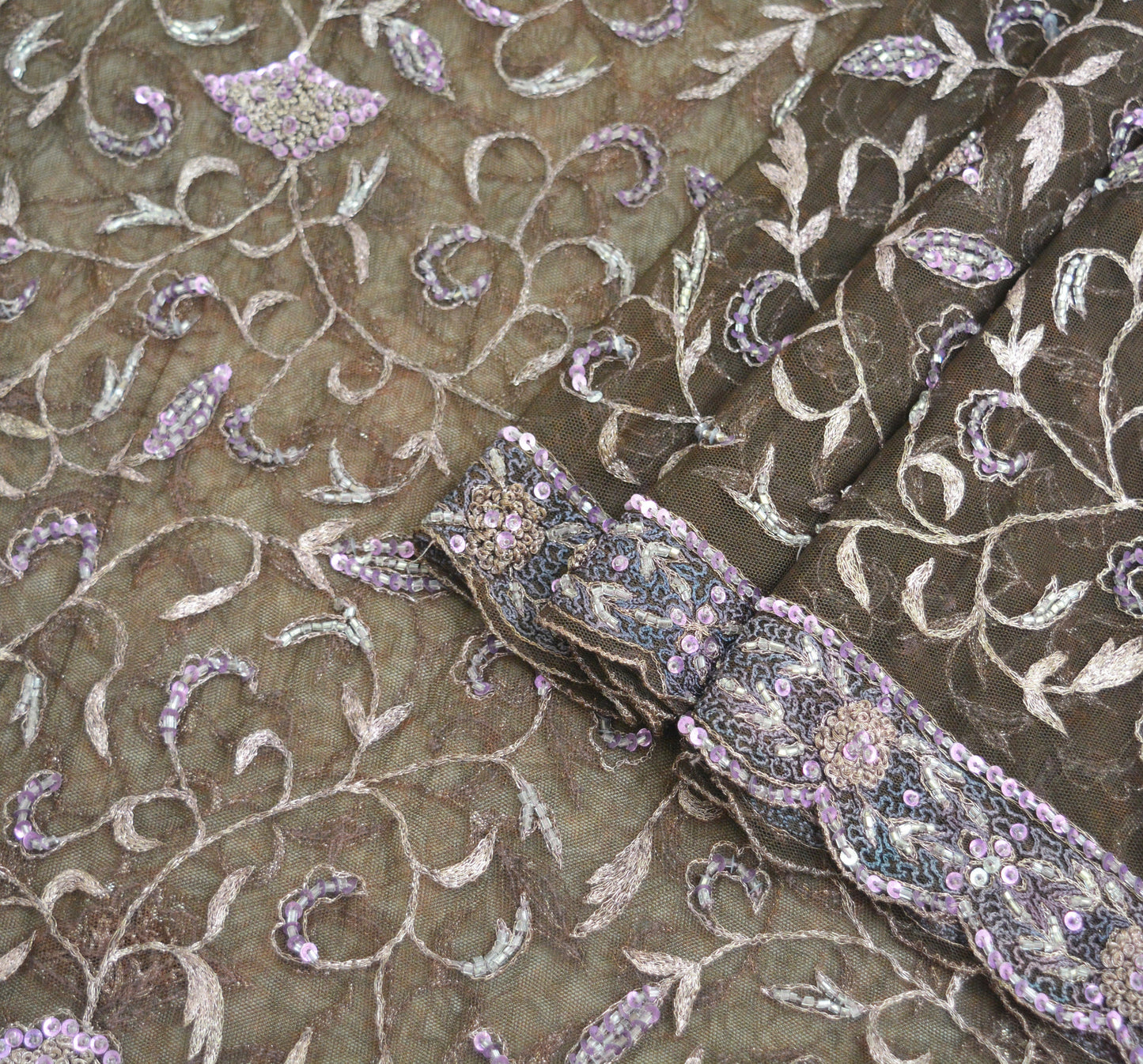 Indian Vintage Heavy Brown Dupatta Net Mesh Long Stole Hand Embroidered Scarves Golden Zardozi Dabka Zari Sequins
