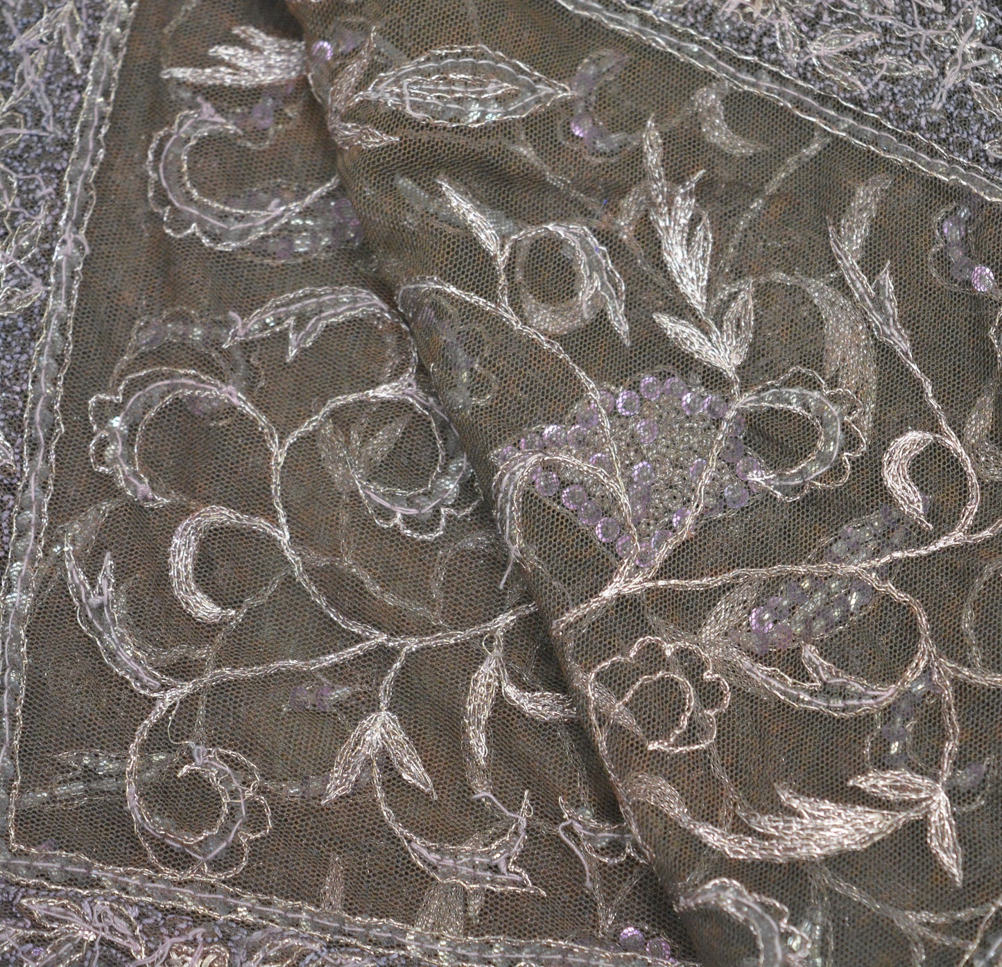 Indian Vintage Heavy Brown Dupatta Net Mesh Long Stole Hand Embroidered Scarves Golden Zardozi Dabka Zari Sequins