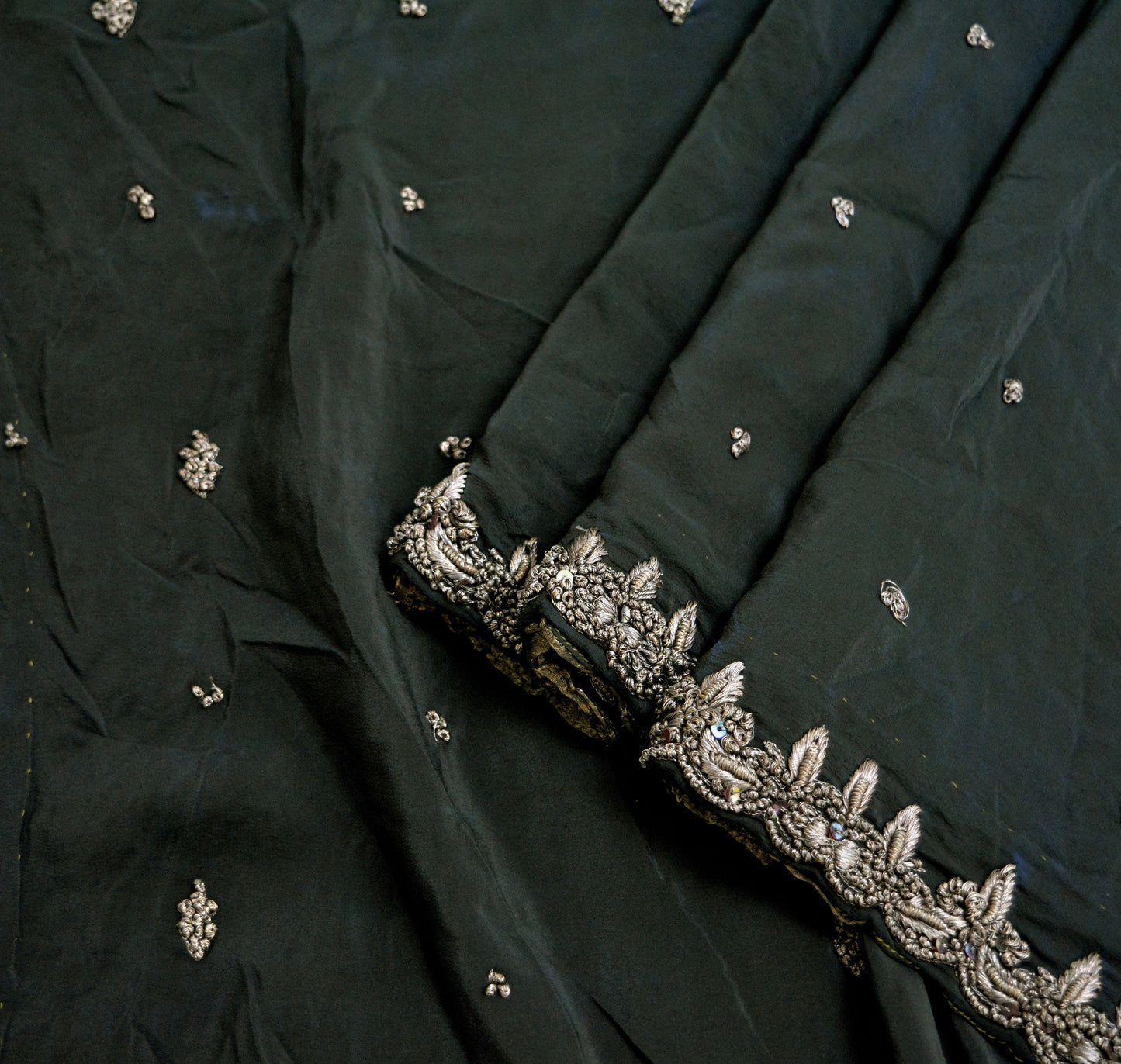 Indian Vintage Heavy Black Dupatta Pure Crepe Silk Long Stole Hand Embroidered Scarves Dabka Zardozi Zari Stole
