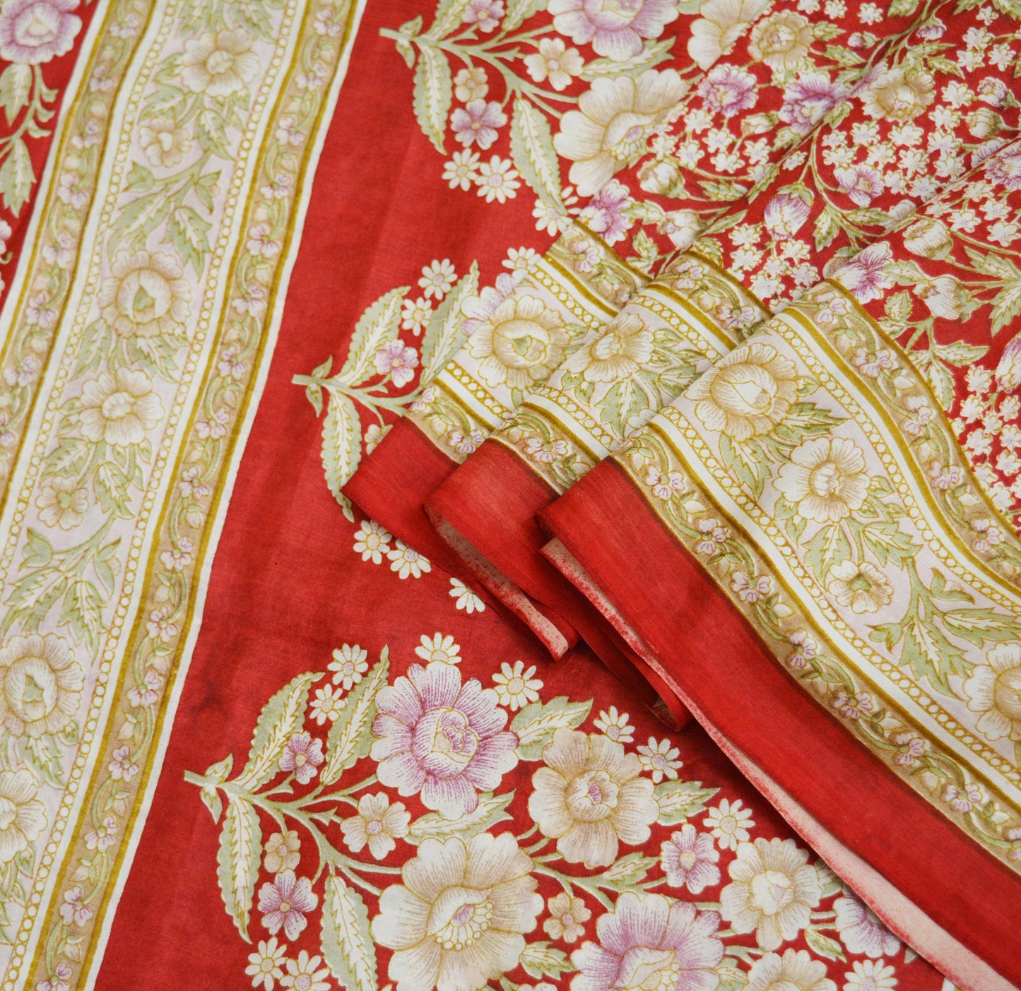 Indian Vintage Sari Red Pure Silk Printed Saree Fabric 6yard Sewing Craft Fabric DressMaking Soft Wrap Floral