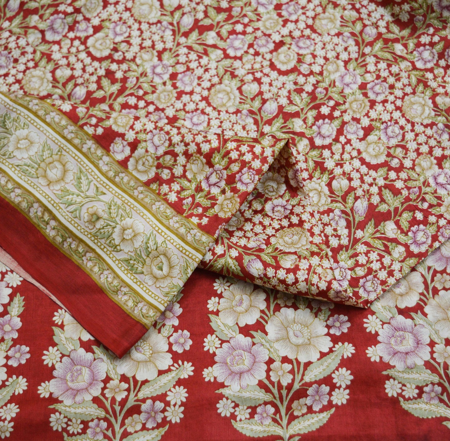 Indian Vintage Sari Red Pure Silk Printed Saree Fabric 6yard Sewing Craft Fabric DressMaking Soft Wrap Floral