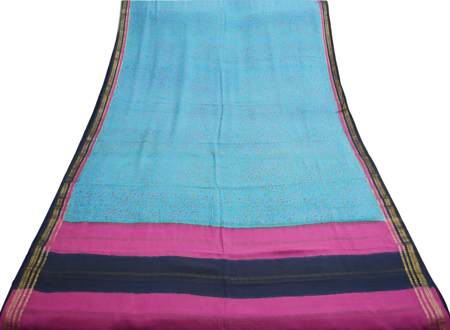 Indian Vintage Sari Pink & Blue 100% Pure Silk Printed Saree Fabric 5yard Sewing Craft DressMaking Soft Zari