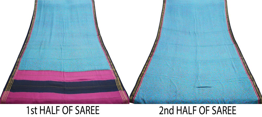 Indian Vintage Sari Pink & Blue 100% Pure Silk Printed Saree Fabric 5yard Sewing Craft DressMaking Soft Zari