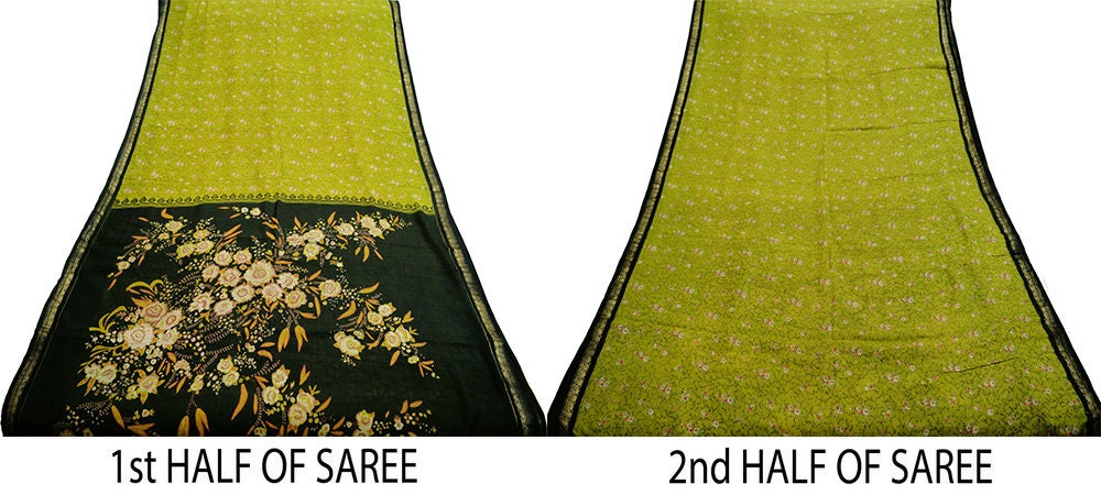 Indian Vintage Sari Green & Black Pure Silk Printed Saree Fabric 5yard Sewing Craft DressMaking Soft Floral Zari