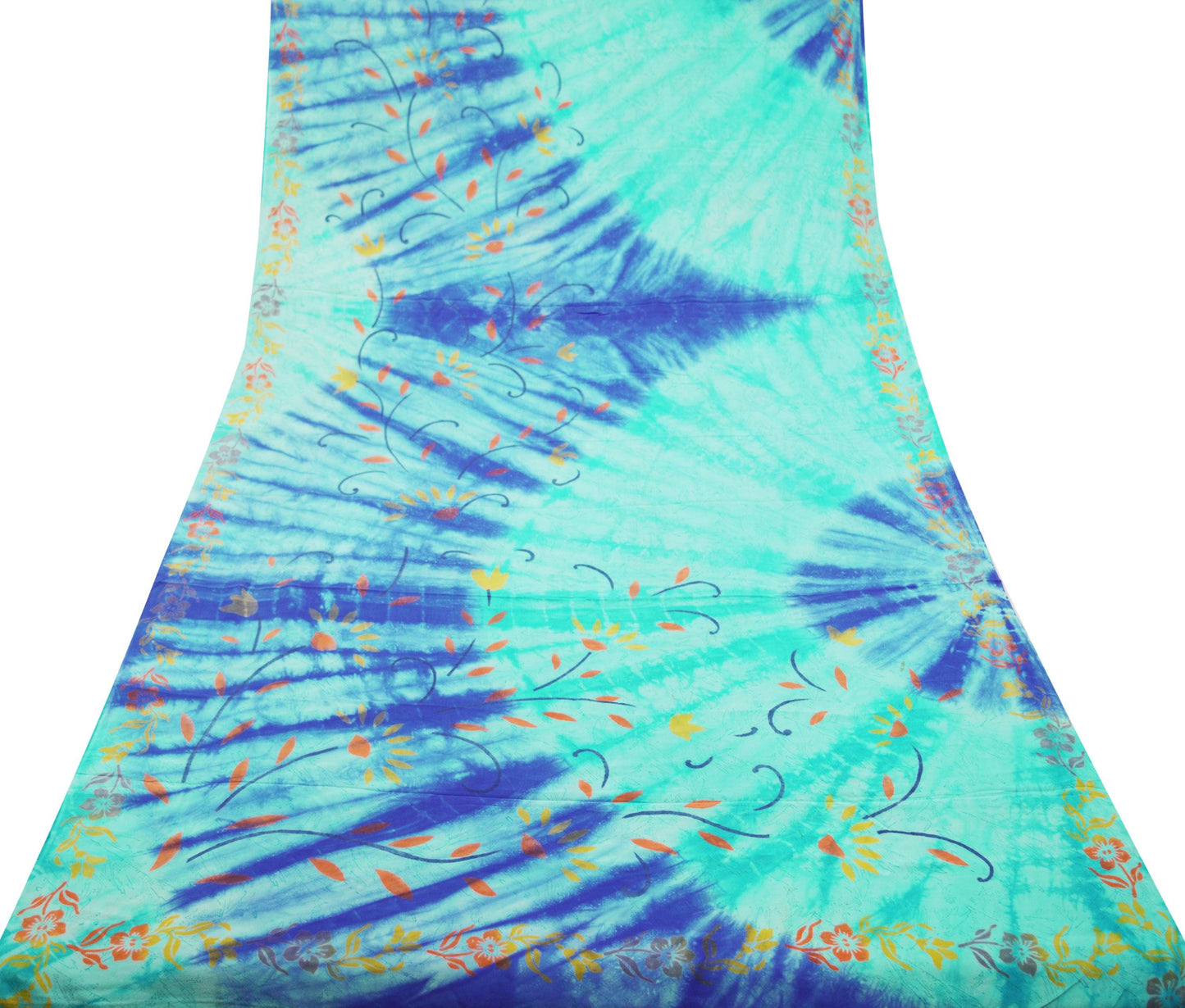Indian Vintage Sari Blue & Green Pure Crepe Silk Printed Saree 5yard Sewing Floral Soft Craft Fabric Wrap