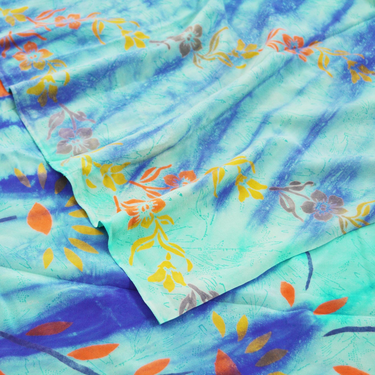 Indian Vintage Sari Blue & Green Pure Crepe Silk Printed Saree 5yard Sewing Floral Soft Craft Fabric Wrap