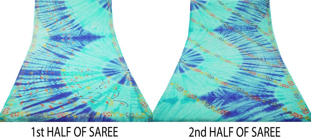 Indian Vintage Sari Blue & Green Pure Crepe Silk Printed Saree 5yard Sewing Floral Soft Craft Fabric Wrap