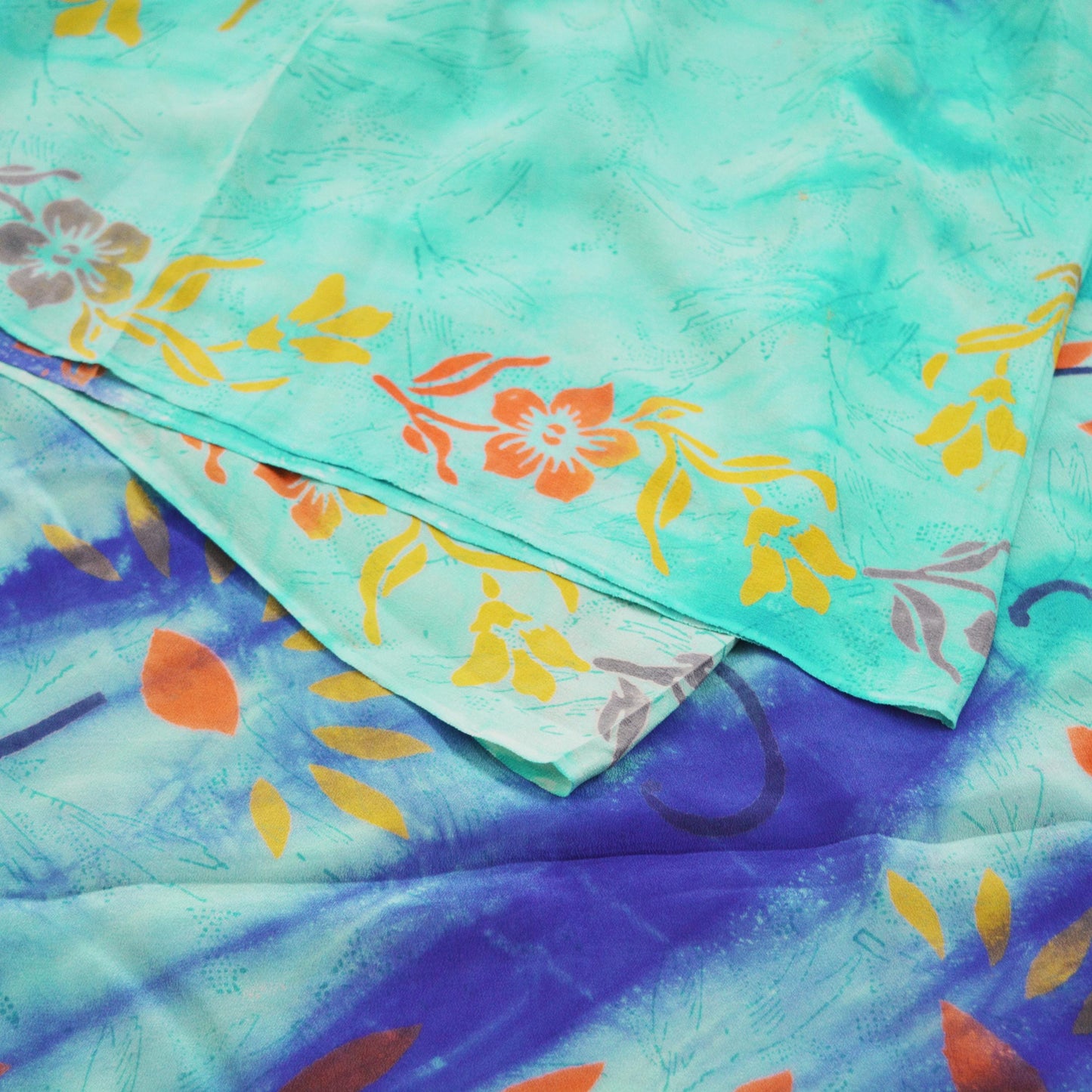 Indian Vintage Sari Blue & Green Pure Crepe Silk Printed Saree 5yard Sewing Floral Soft Craft Fabric Wrap