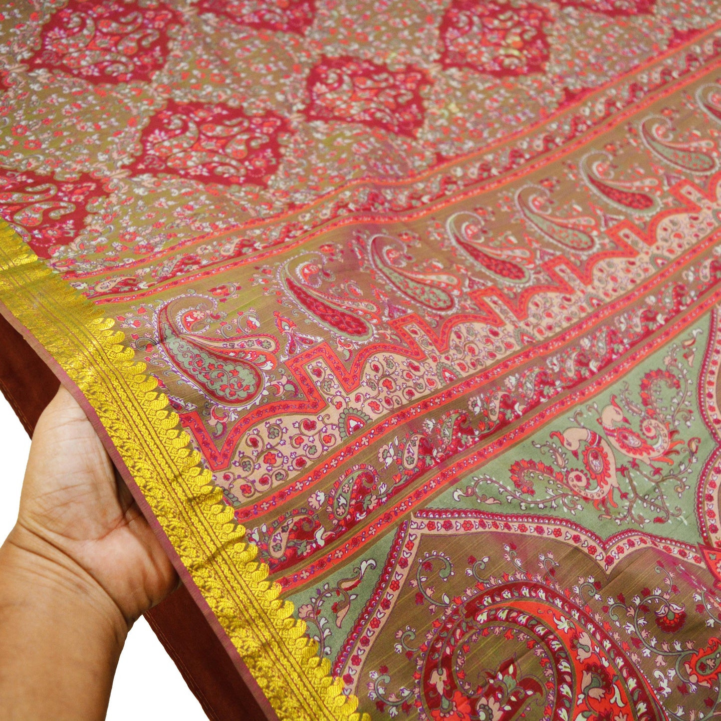Indian Vintage Sari Maroon & Green Pure Silk Printed Saree 6yd Sewing Craft Fabric DressMaking Soft Floral Zari Quilting Used Upcycle