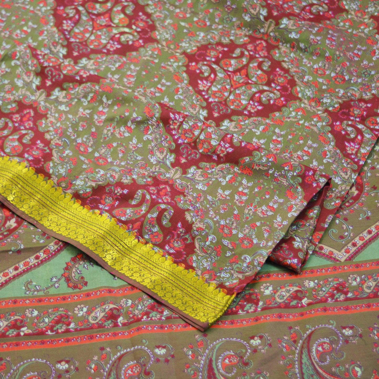 Indian Vintage Sari Maroon & Green Pure Silk Printed Saree 6yd Sewing Craft Fabric DressMaking Soft Floral Zari Quilting Used Upcycle