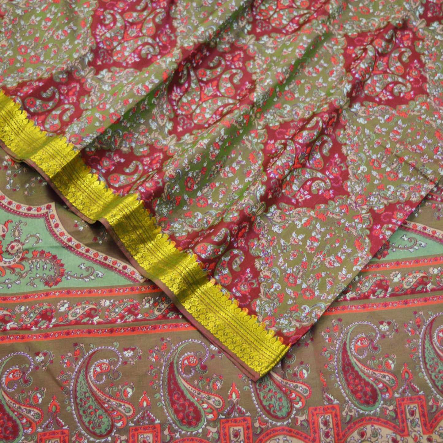 Indian Vintage Sari Maroon & Green Pure Silk Printed Saree 6yd Sewing Craft Fabric DressMaking Soft Floral Zari Quilting Used Upcycle