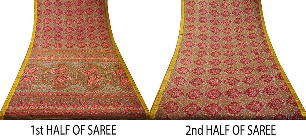 Indian Vintage Sari Maroon & Green Pure Silk Printed Saree 6yd Sewing Craft Fabric DressMaking Soft Floral Zari Quilting Used Upcycle