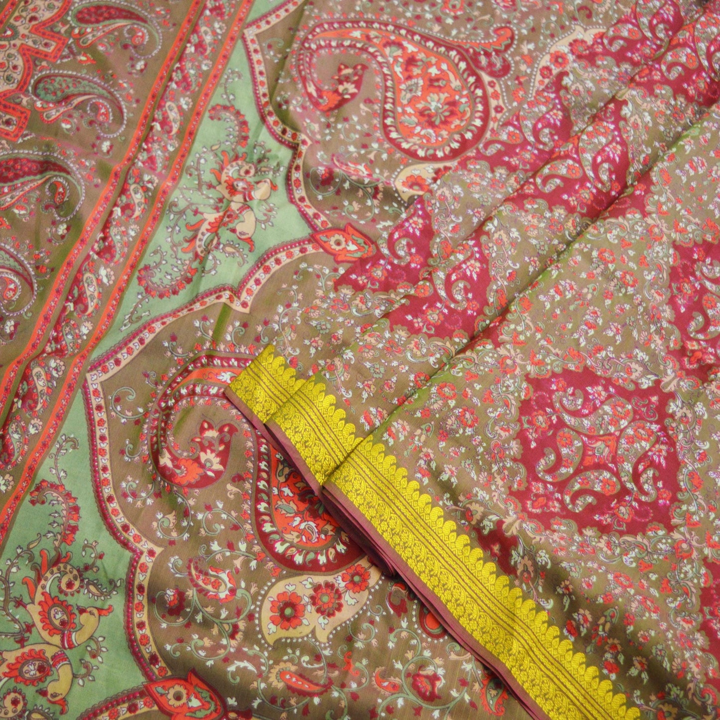 Indian Vintage Sari Maroon & Green Pure Silk Printed Saree 6yd Sewing Craft Fabric DressMaking Soft Floral Zari Quilting Used Upcycle