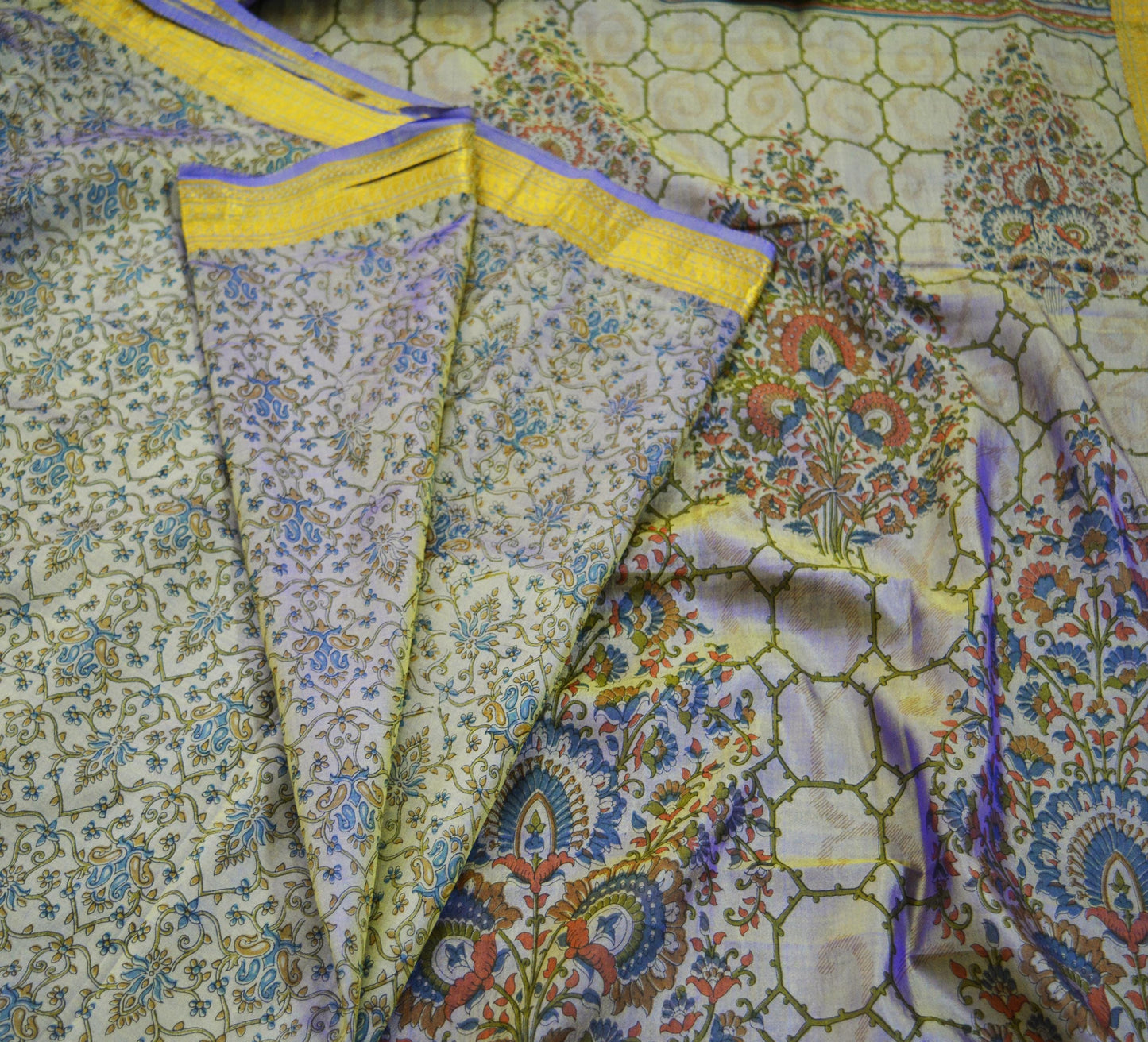 Indian Vintage Sari Purple Pure Silk Printed Saree 5yd Sewing Quilting Craft Fabric DressMaking Soft Zari Used Upcycle