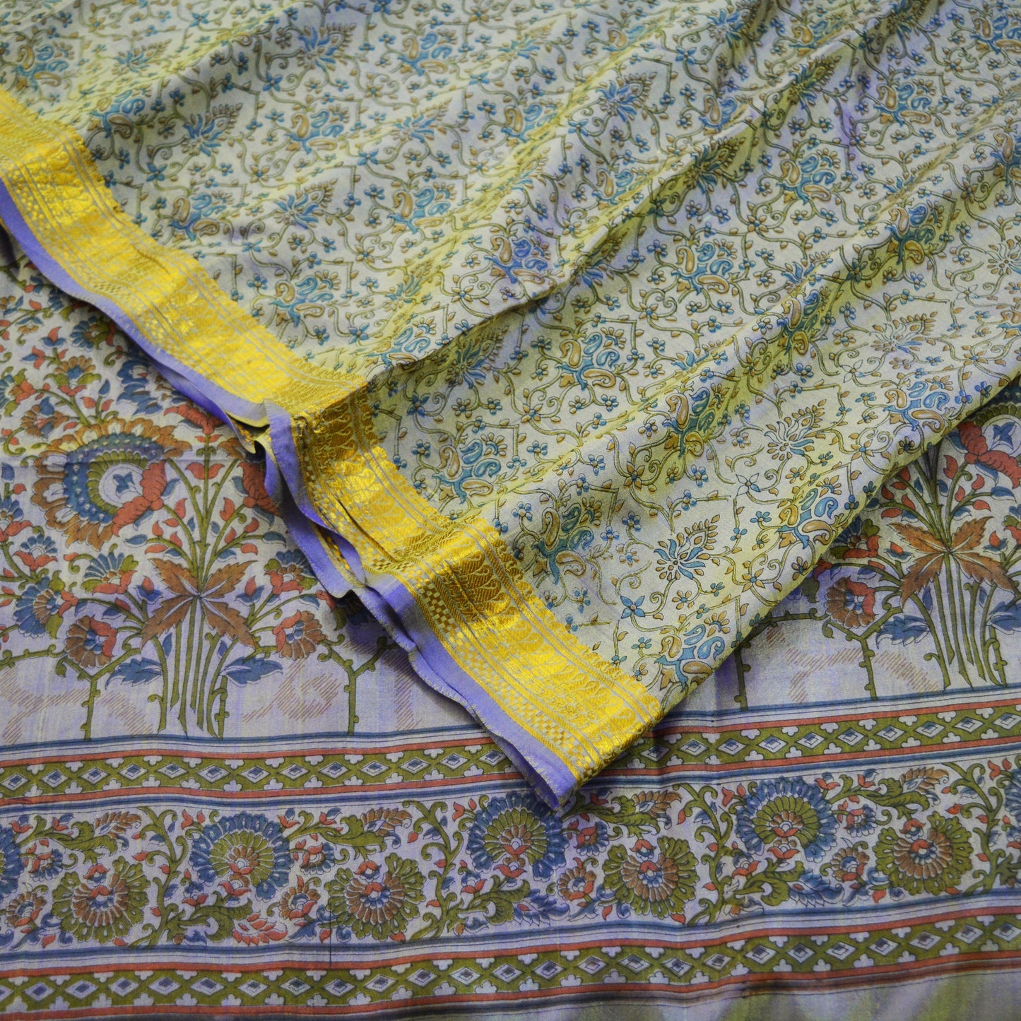 Indian Vintage Sari Purple Pure Silk Printed Saree 5yd Sewing Quilting Craft Fabric DressMaking Soft Zari Used Upcycle